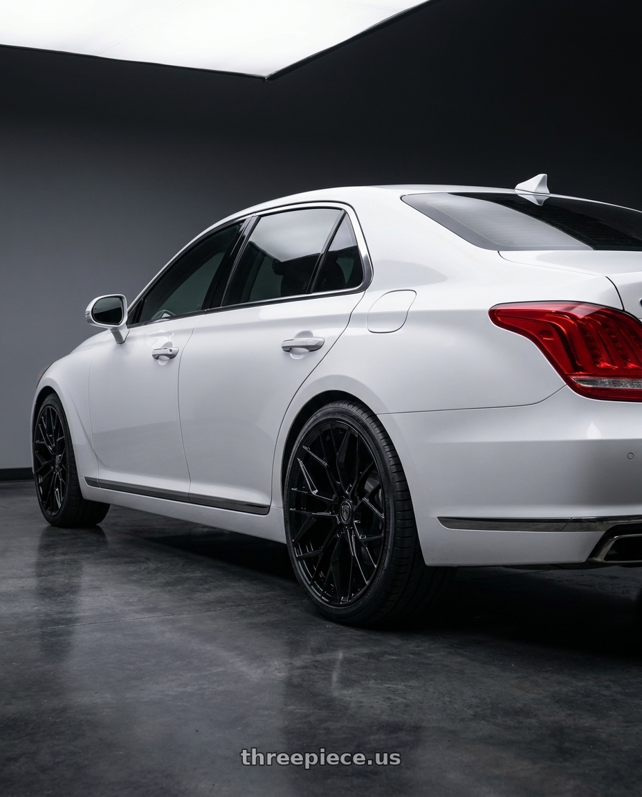 2018 genesis g90 ultimate with MARQUEE WHEELS M1004 5x114.3 20x10.5+40 GLOSS BLACK wheels rear three quarter view square tires