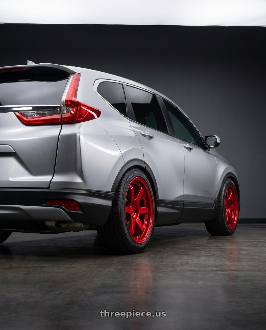 2018 Honda Crv with 9six9 SIX-1 5x114.3 18X8.5 +35 Candy Apple Red wheels rear three quarter view square tires