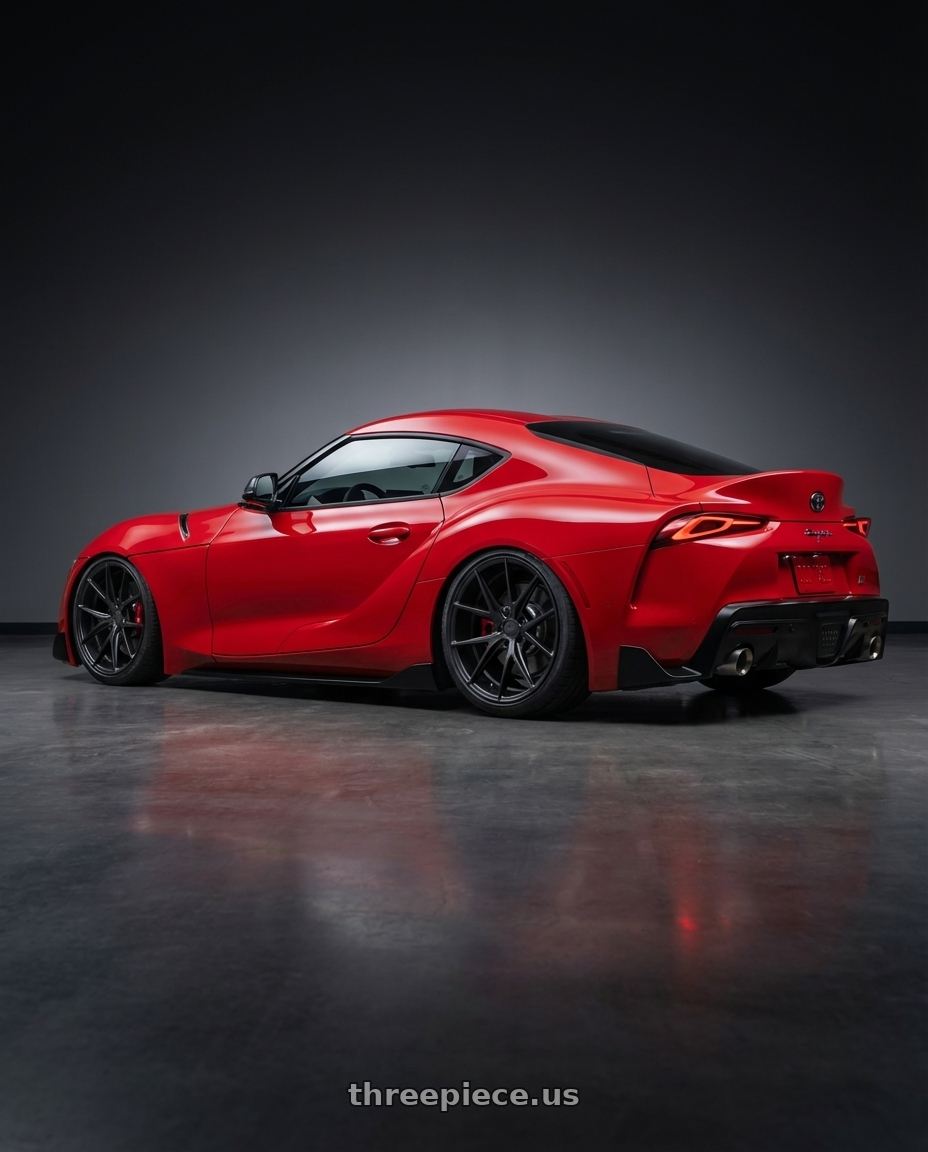 2023 Toyota GR Supra with Niche 1PC M117 MISANO 5X112 19X8.5 +34 MATTE BLACK wheels rear three quarter view slight stretch tires