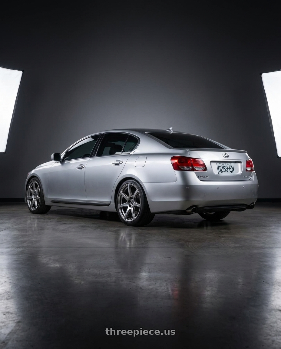 2006 Lexus gs300 with Work Emotion T7r 5x100 18x9.5 +38 Gt Silver wheels rear three quarter view square tires