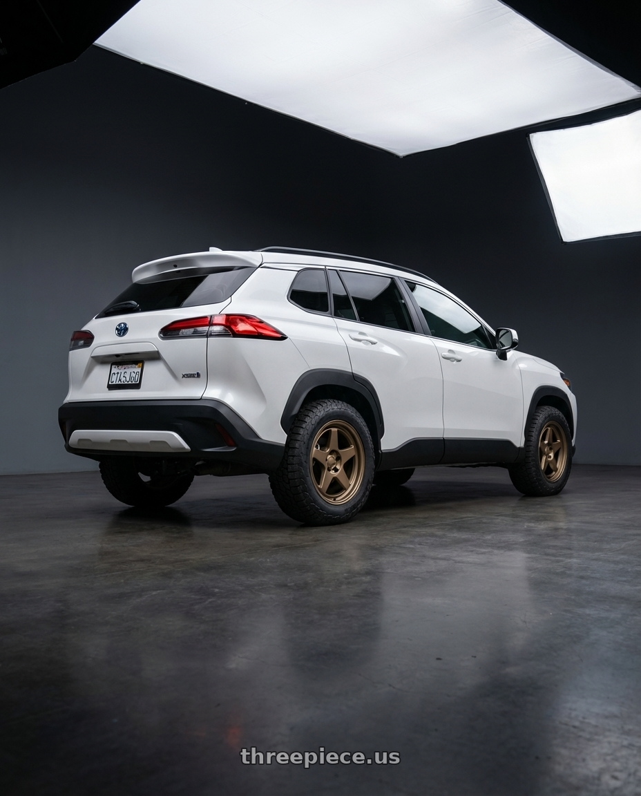 2023 Toyota Corolla Cross XSE Hybrid with Kansei K12B KNP 5x114.3 17x9 22 Bronze wheels rear three quarter view meaty tires