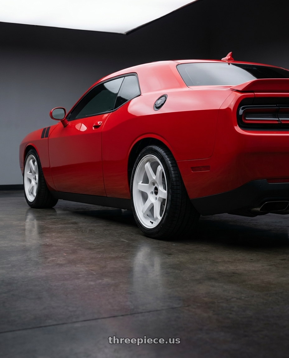 2021 Dodge Challenger GT AWD with Vors TR37 5x115 19x9.5 +22 White wheels rear three quarter view square tires