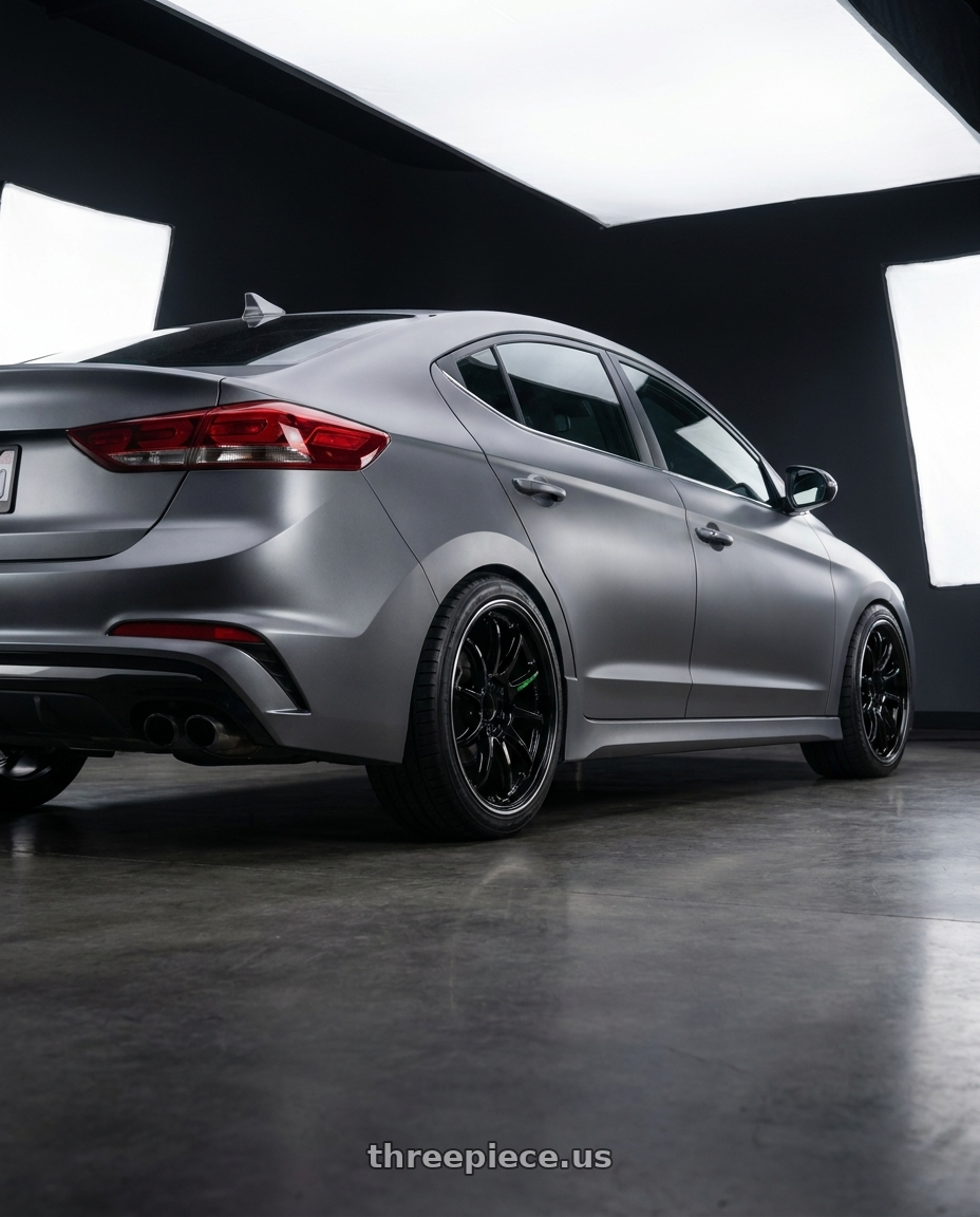 2020 Hyundai Elantra Sport MK6.5 with Work Emotion Zr10 5x114.3 18x8.5 +32 Black Diamond Lip Cut wheels rear three quarter view square tires
