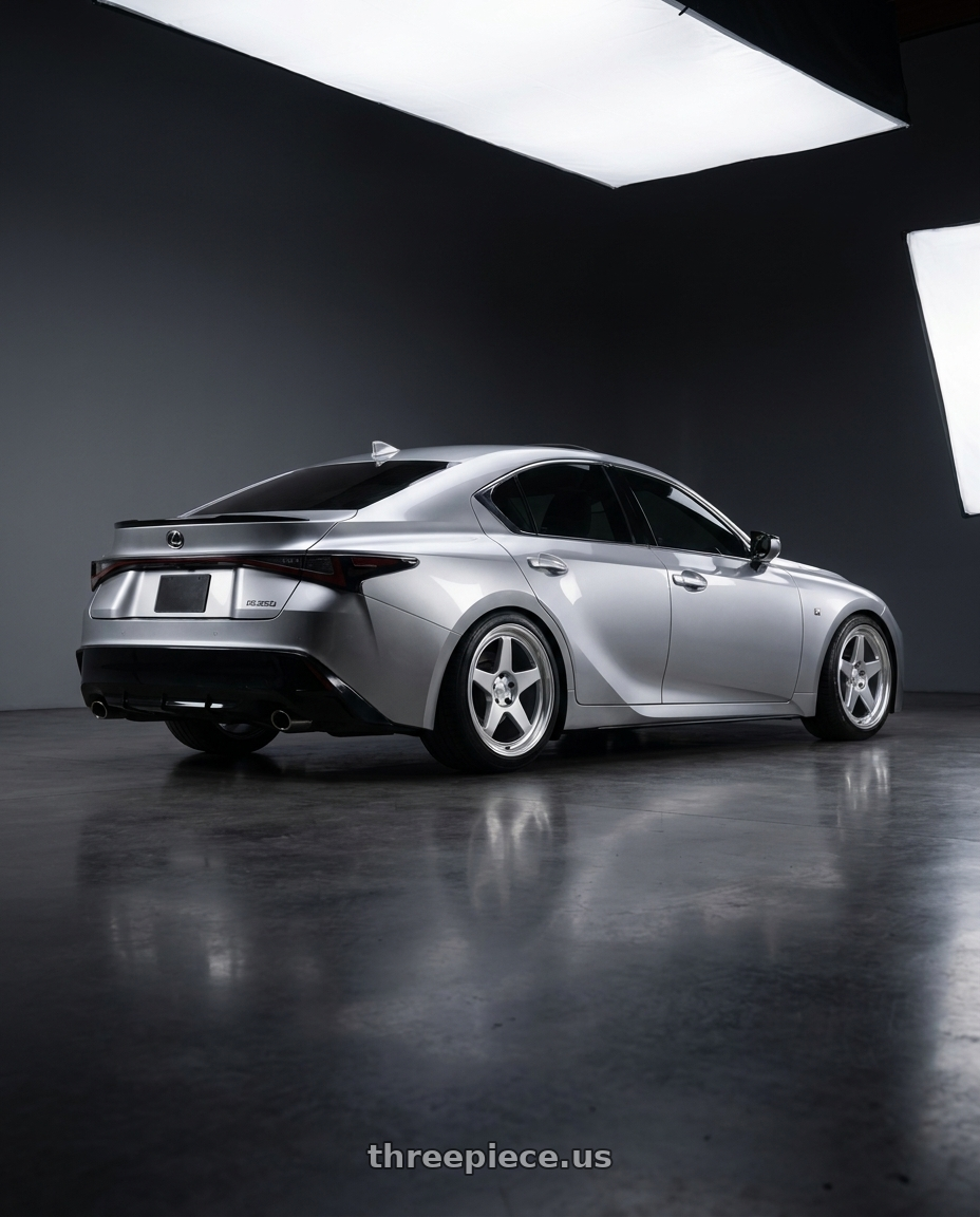 2022 lexus is350 iridium silver with Kansei K12H KNP 5X112 19x10.5 35 Hyper Silver wheels rear three quarter view square tires
