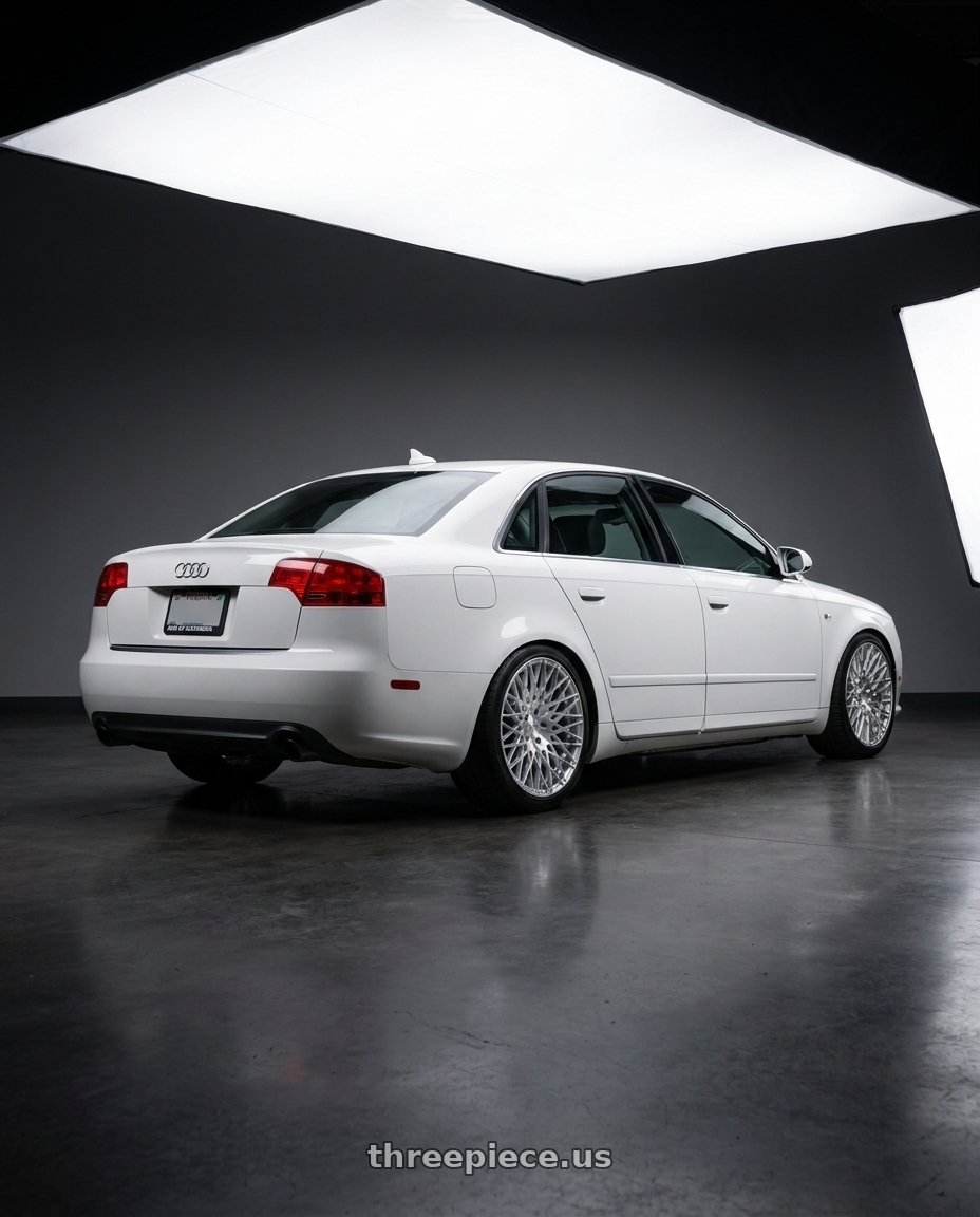 2010 Audi A4 B7 with Avant Garde Wheels M540 5X112 18x9 +48 Silver Machined wheels rear three quarter view square tires