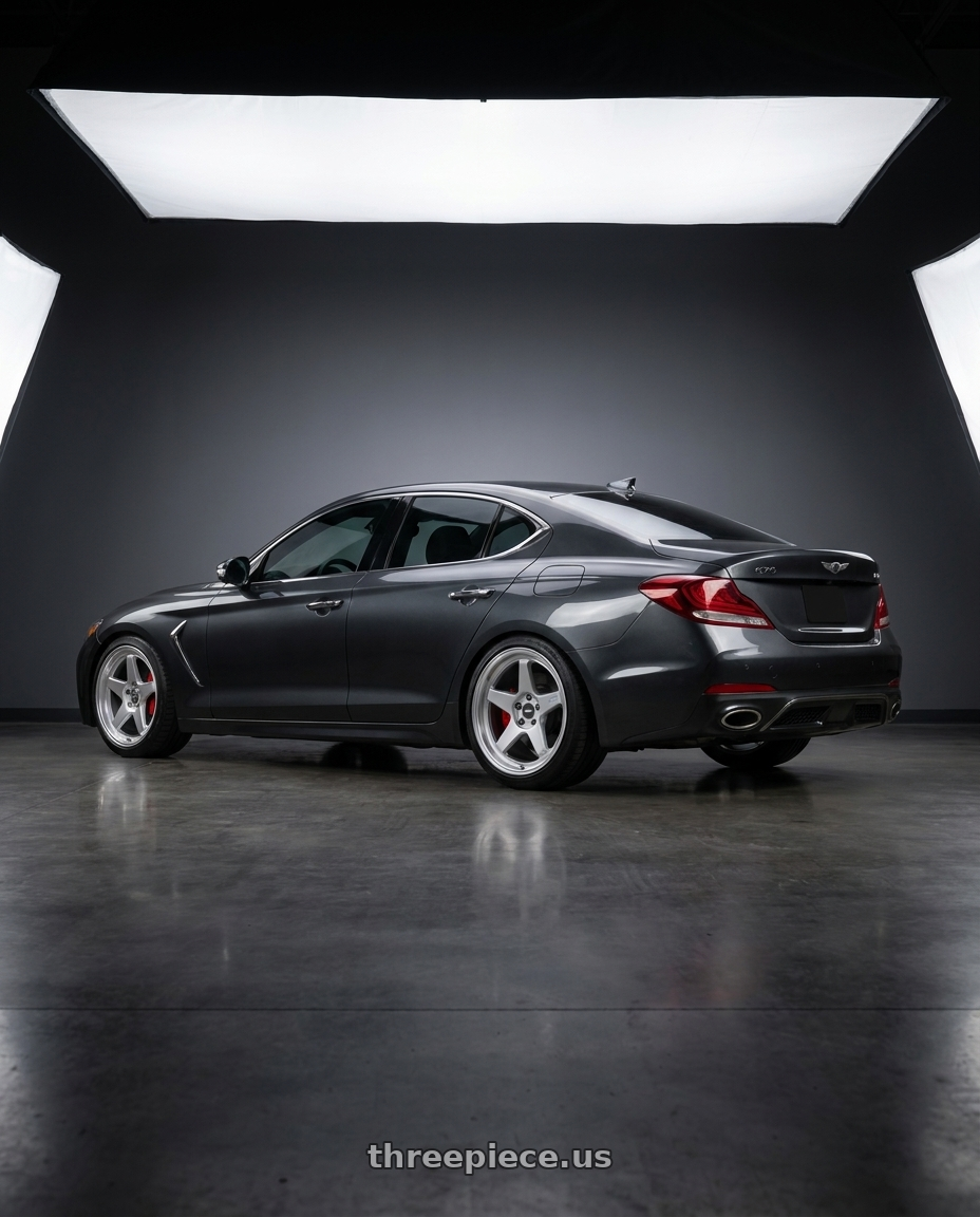2019 Genesis g70 with ESR Wheels CR SERIES CR5 5x105 19x9 +32 Hyper Silver wheels rear three quarter view slight stretch tires