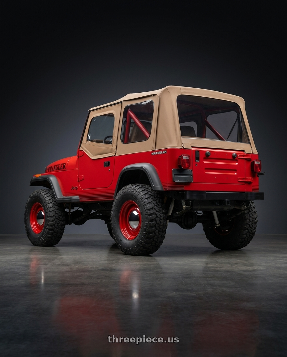 1989 Jeep Wrangler with Boyd Coddington 61R Smoothie 5x114.3 15x8 -12 Baron Red wheels rear three quarter view meaty tires