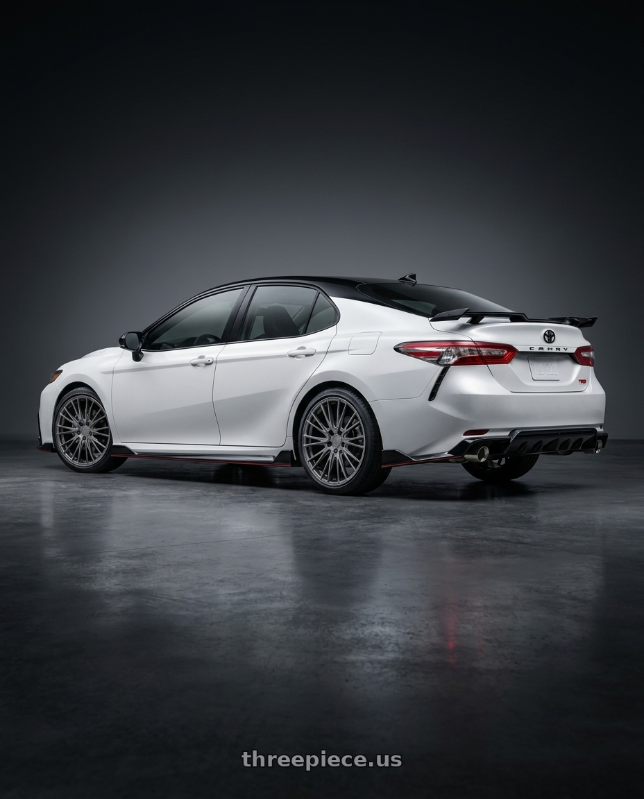 2021 Toyota Camry trd with Axe CF2 5x114 19X8.5+40 GREY wheels rear three quarter view square tires