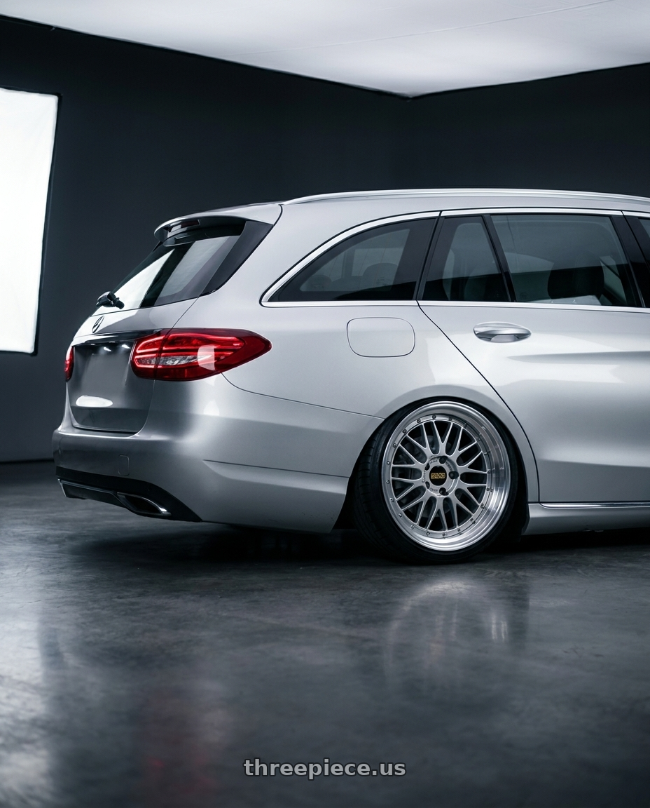 2014 Mercedes benz c class s205 c200 with BBS LM 5x112 19x9.0+42 Diamond Silver wheels rear three quarter view slight stretch tires