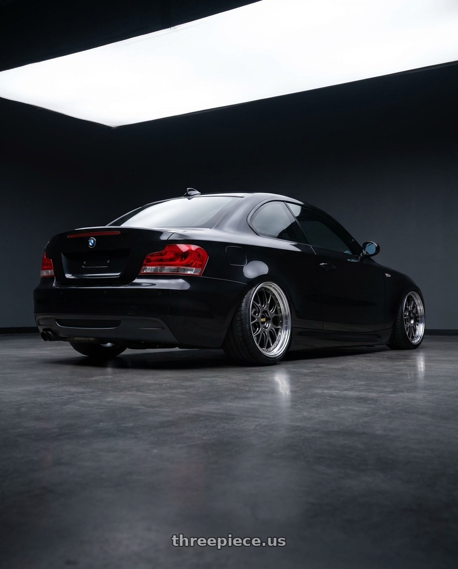 2011 bmw e82 135i with BBS LM-R 5x114.3 19x9.5+38 Diamond Black wheels rear three quarter view extreme stretch tires
