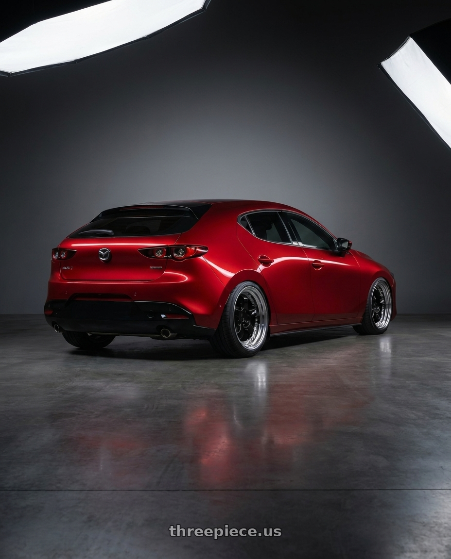 2024 Mazda 3 with Work Meister S1 3P 5x100 18x8.5+67 A Disk Black wheels rear three quarter view slight stretch tires