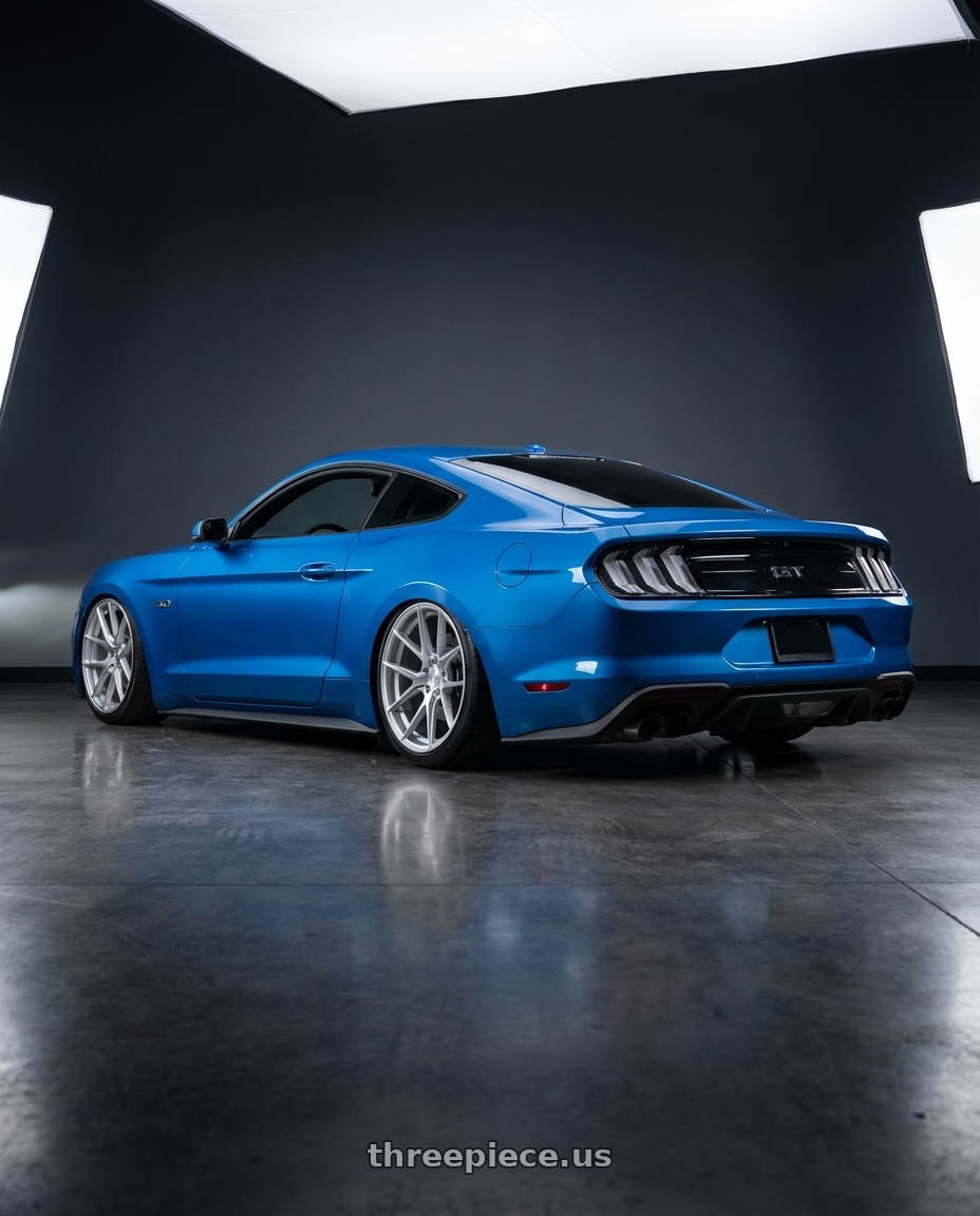 2022 Ford Mustang GT with Aodhan AFF3 5x114.3 20x9+32 Gloss Silver Machined Face wheels rear three quarter view slight stretch tires