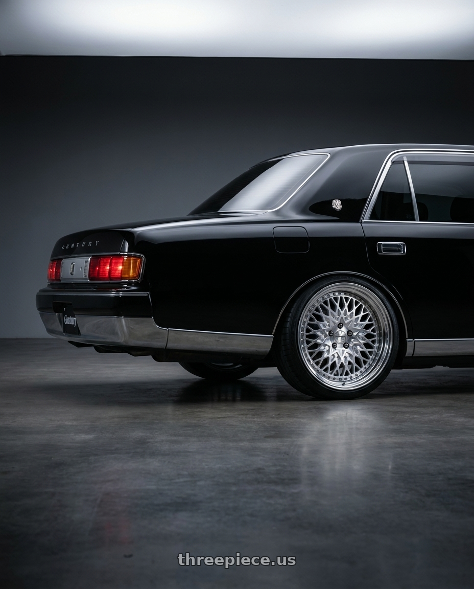 2000 Toyota Century with Work Gran Seeker Ccx 5x114.3 19x10.5+25 A Disk Machined Silver Polish wheels rear three quarter view square tires