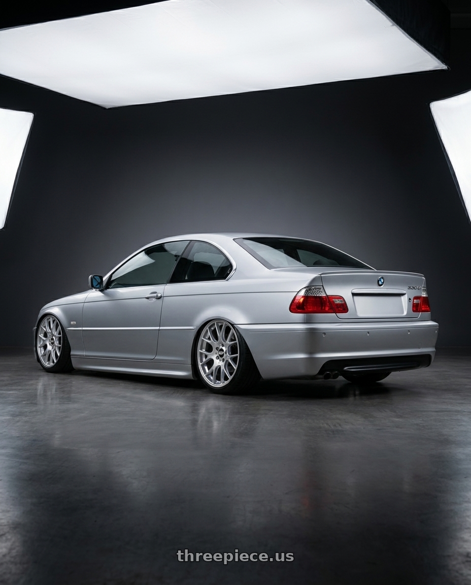 2004 Bmw 330ci e46 with BBS CH-R 5x120 19x8.5 +32 Brilliant Silver Polished Rim Protector wheels rear three quarter view slight stretch tires