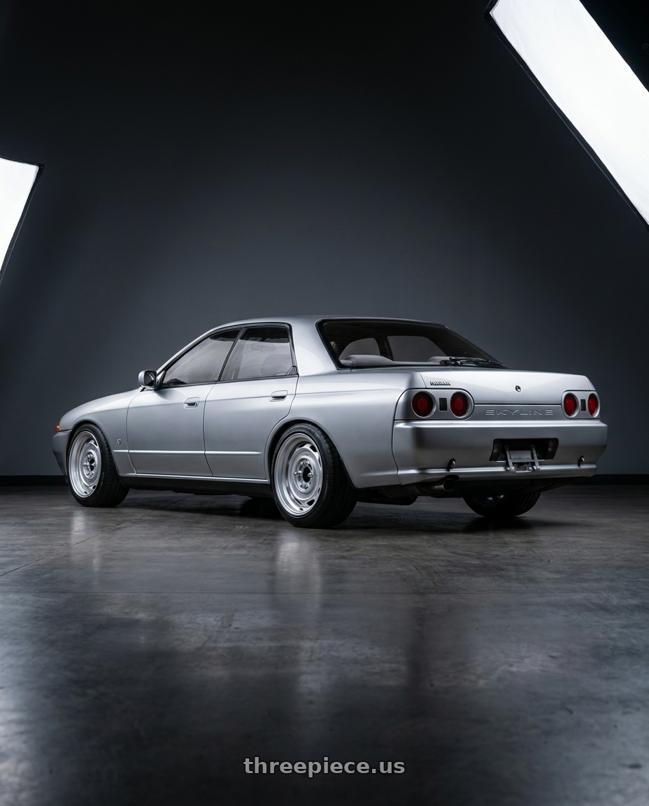 1992 nissan skyline  with Mobelwagen MW430S Interceptor 4X130 15x5.5 20 Silver wheels rear three quarter view slight stretch tires