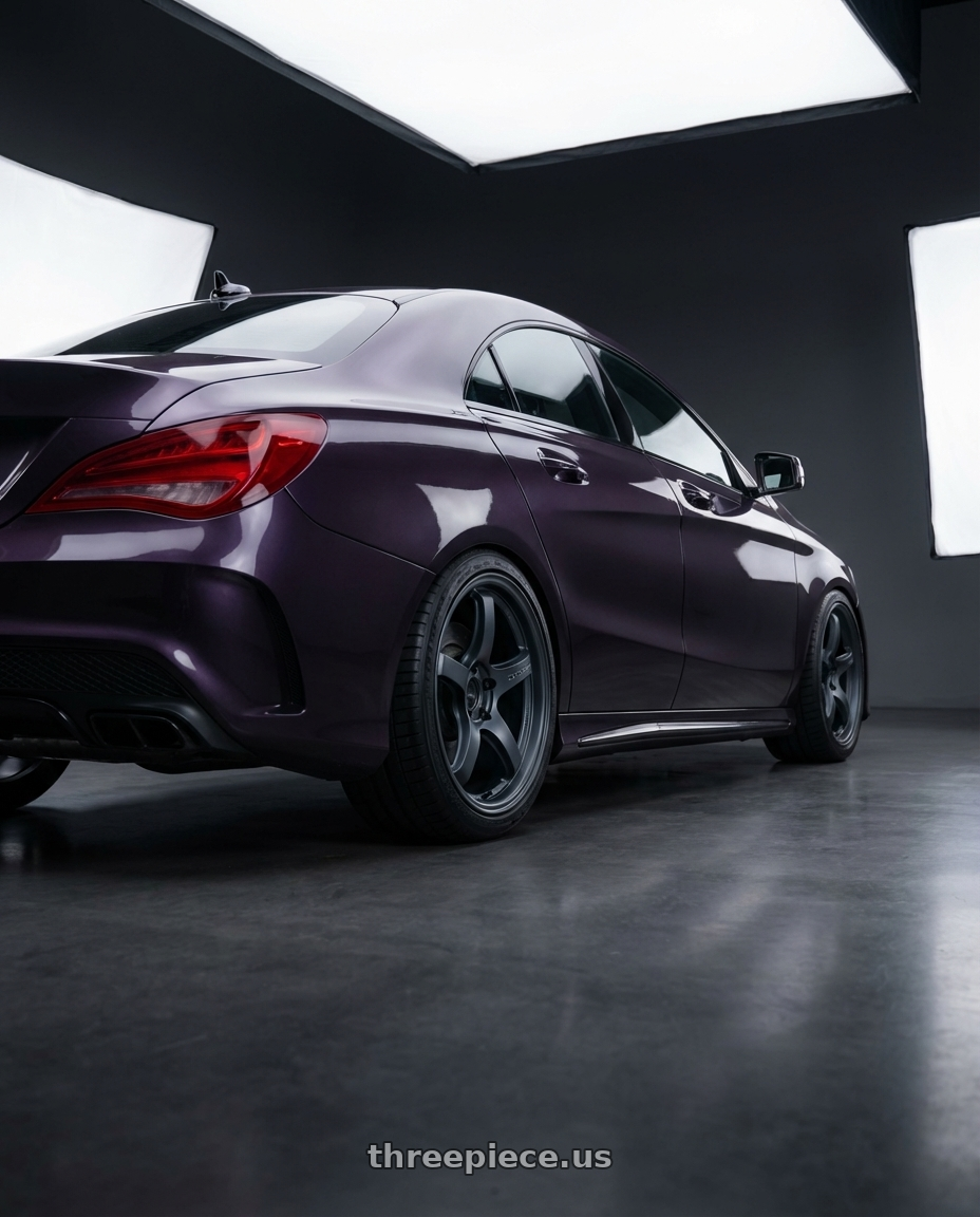 2018 Mercedes-Benz CLA C117 with Gram Lights 57CR 5x112 19x10.5+35 Gunblue II wheels rear three quarter view square tires