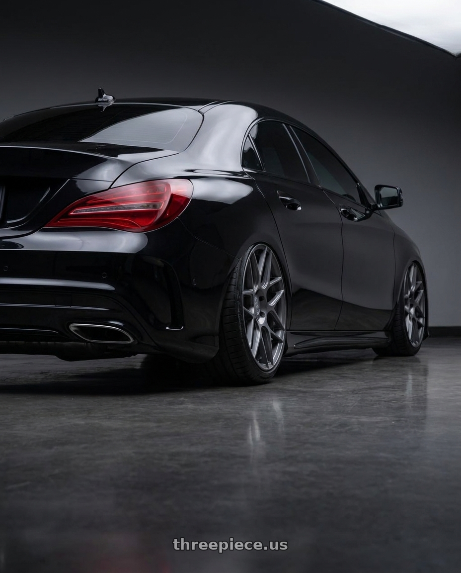 2018 Mercedes-Benz CLA C117 with Aodhan AFF2 5x112 19x9.5+35 Matte Gray wheels rear three quarter view slight stretch tires
