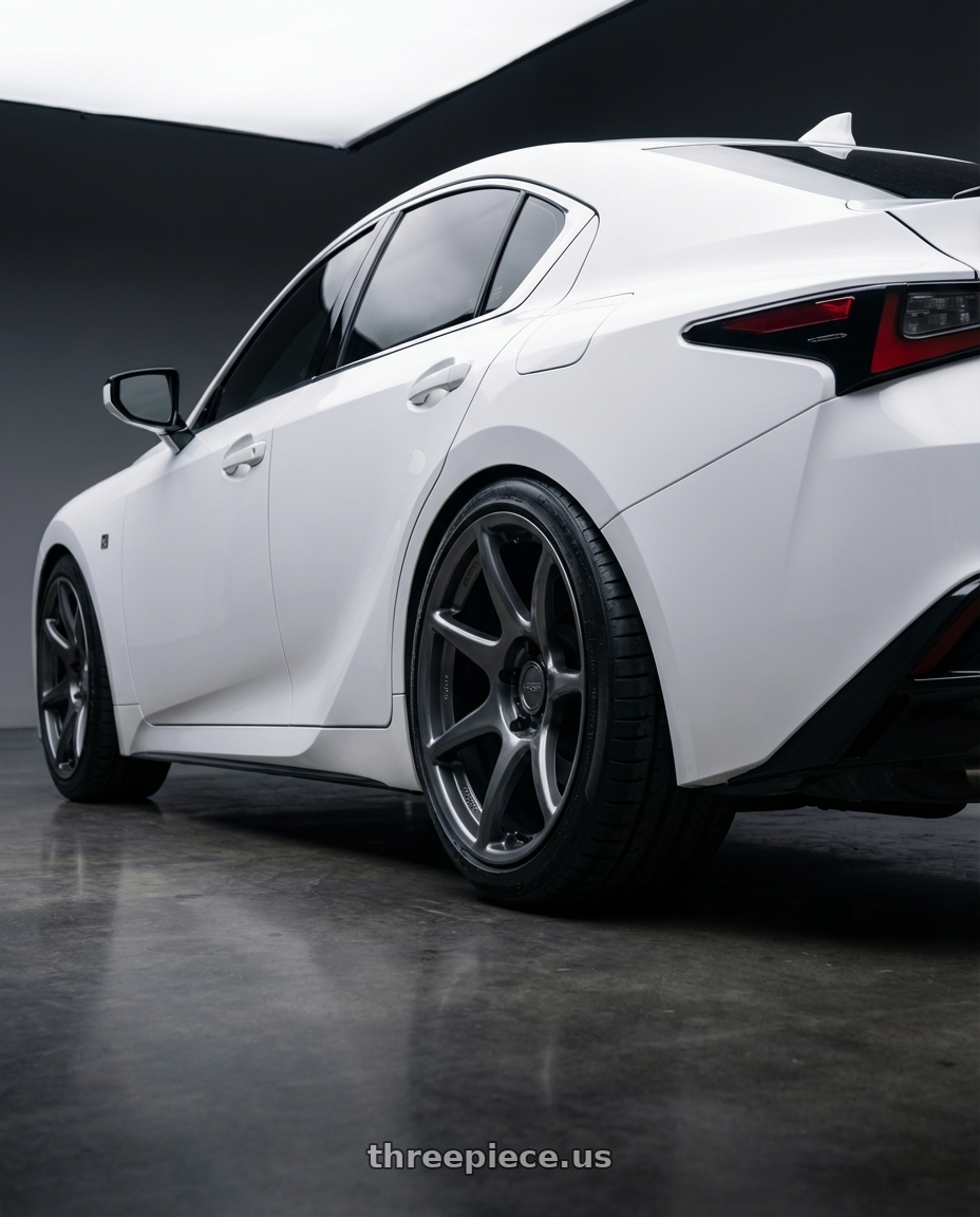 2024 Lexus IS 350 with Kansei K11G Tandem 5x114.3 19x9.5 12 Gunmetal wheels rear three quarter view square tires