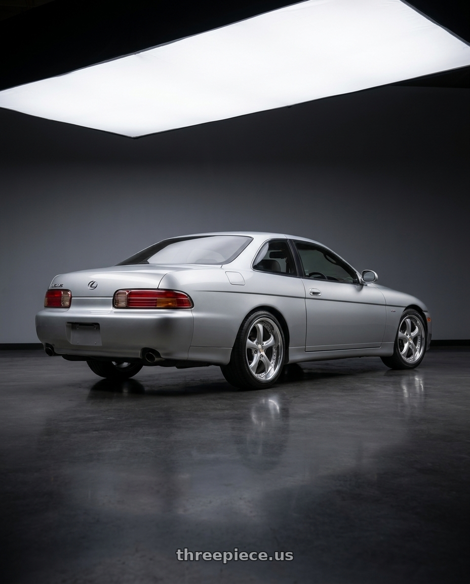2000 Lexus SC300 with Work Wheels VS-KF 5x115 18x9+41 Light Grey Silver L Disk FULL REVERSE wheels rear three quarter view square tires