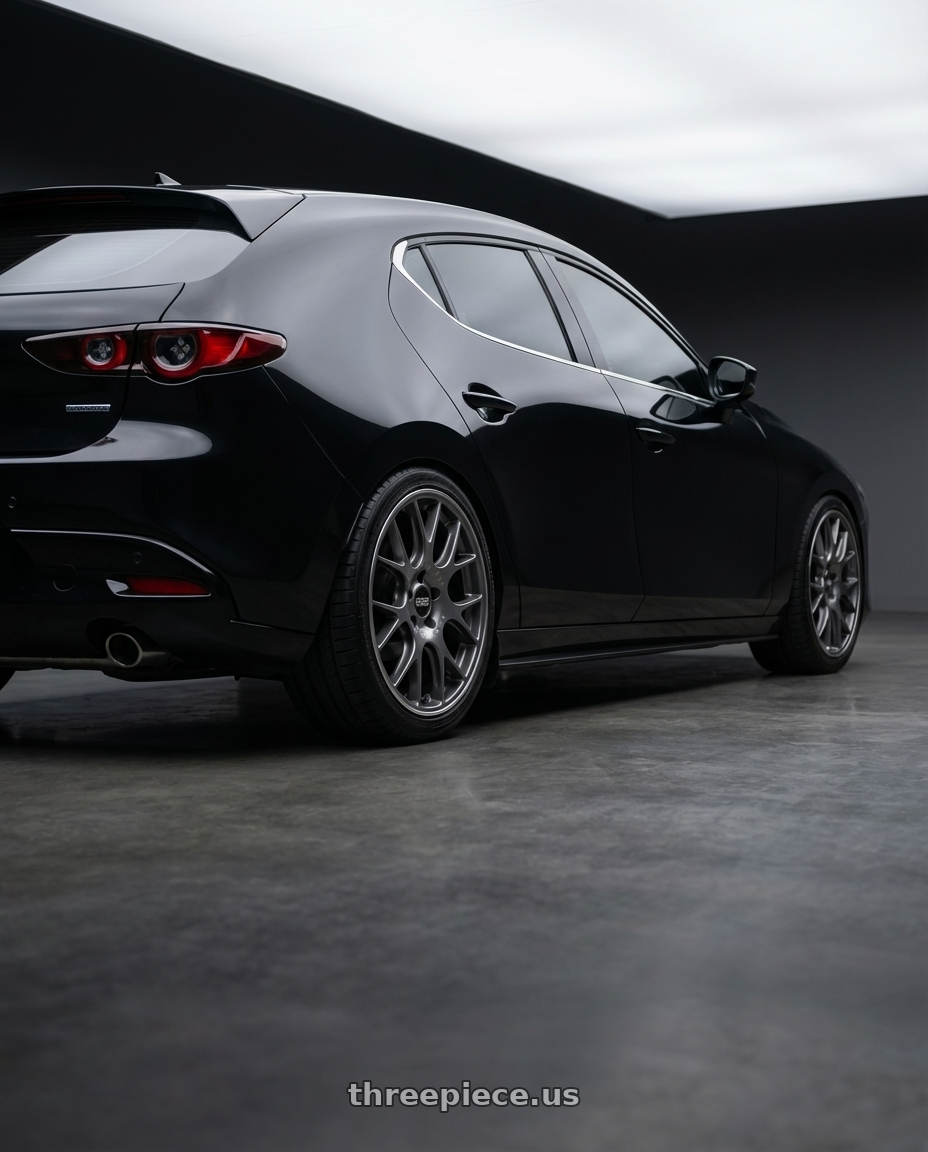 2025 Mazda 3 Hatchback with BBS CH-R 5x120 20x9 +44 Satin Titanium Polished Rim Protector wheels rear three quarter view square tires
