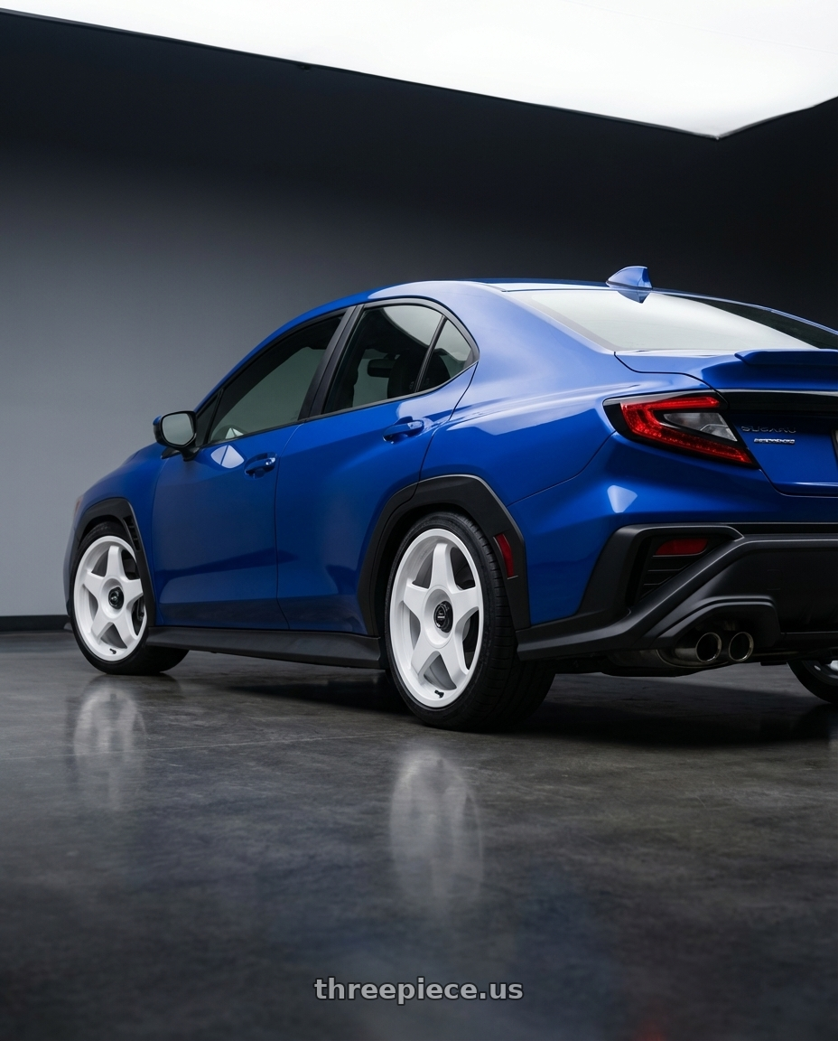 2024 Subaru WRX with fifteen52 CHICANE 5x114.3 / 5x100 18x8.5 +35 RALLY WHITE (GLOSS WHITE) wheels rear three quarter view square tires