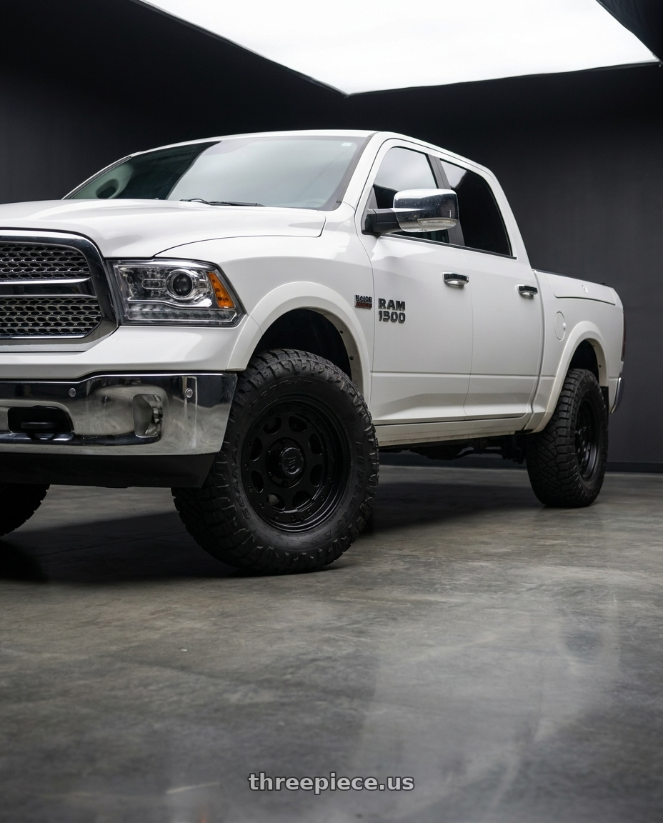 2016 ram 1500 Laramie white with Gear Off Road 774SB 5x139.7 17x8.5 +15 Satin black wheels