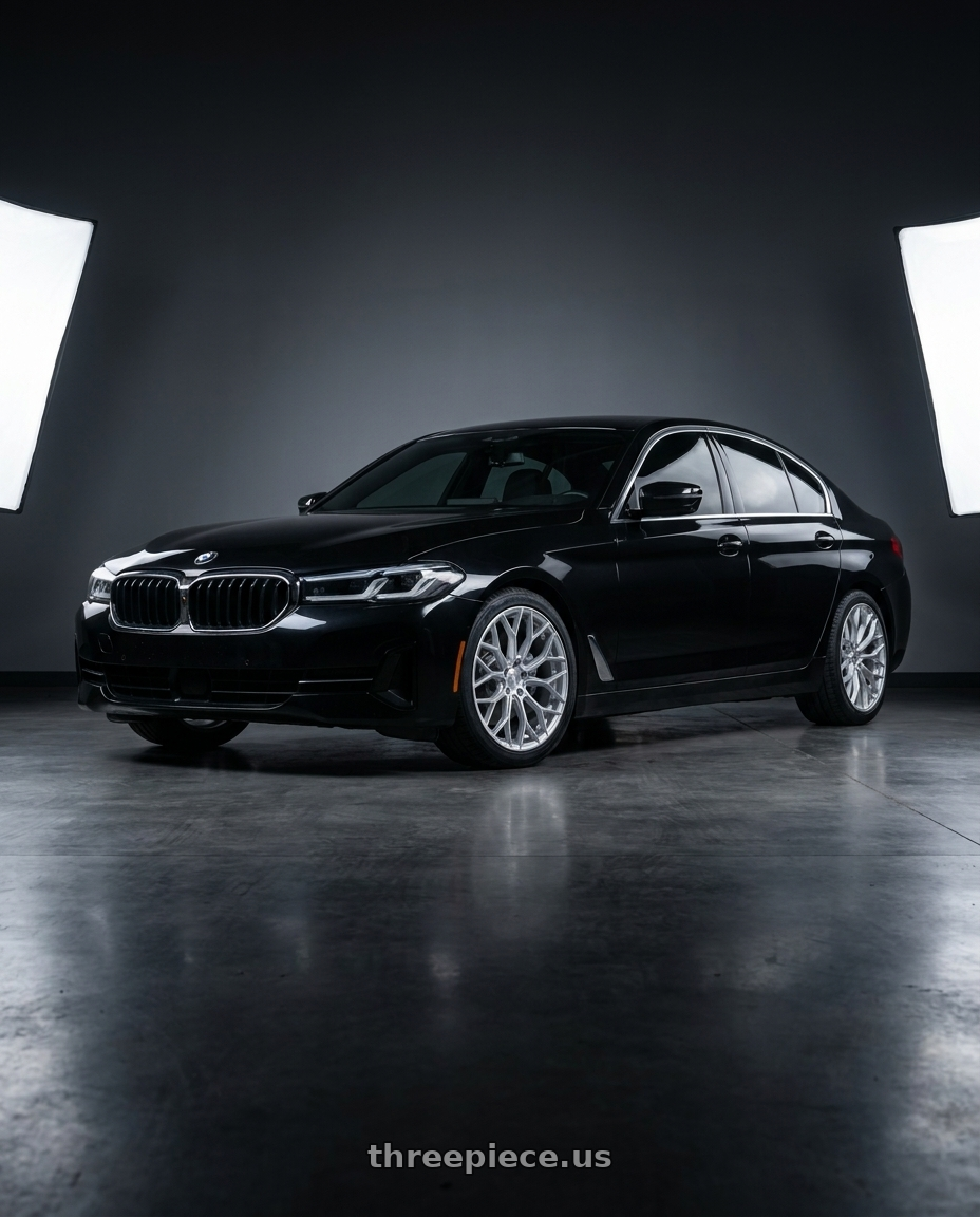 2021 bmw 530 with DOLCE PERFORMANCE PISTA 5x112 20x8.5 +28 Gloss Silver Machined Face wheels