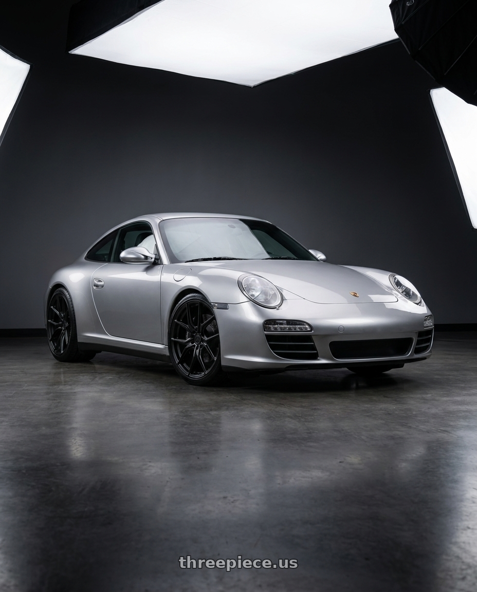2011 Porsche 911 with MV Forged MVF5 5x130 21x9 +45 Satin Black wheels front three quarter view lowered stance