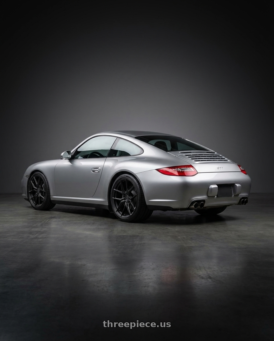 2011 Porsche 911 with MV Forged MVF5 5x130 21x9 +45 Satin Black wheels rear three quarter view square tires