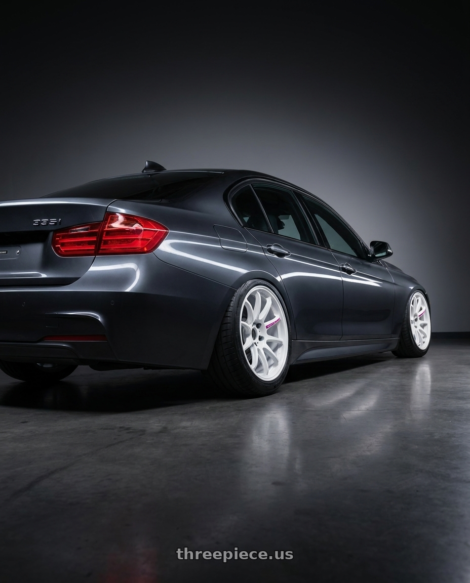2015 Bmw 335i with Work Emotion Zr10 5x100 18x8.5 +32 Azure White wheels rear three quarter view meaty tires