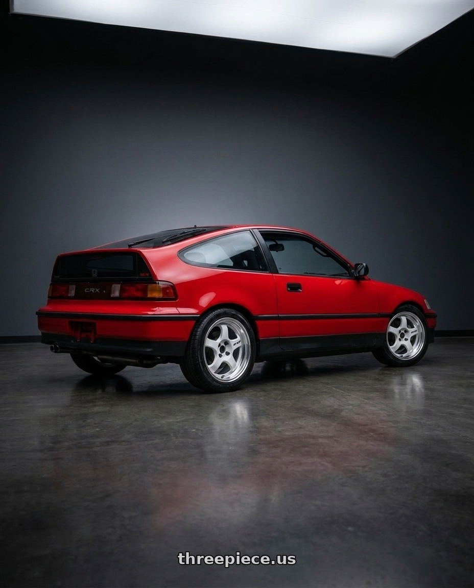 1989 Honda CRX with Work Meister S1 2P 4x100 15x6.5+38 A Disk Silver wheels rear three quarter view square tires