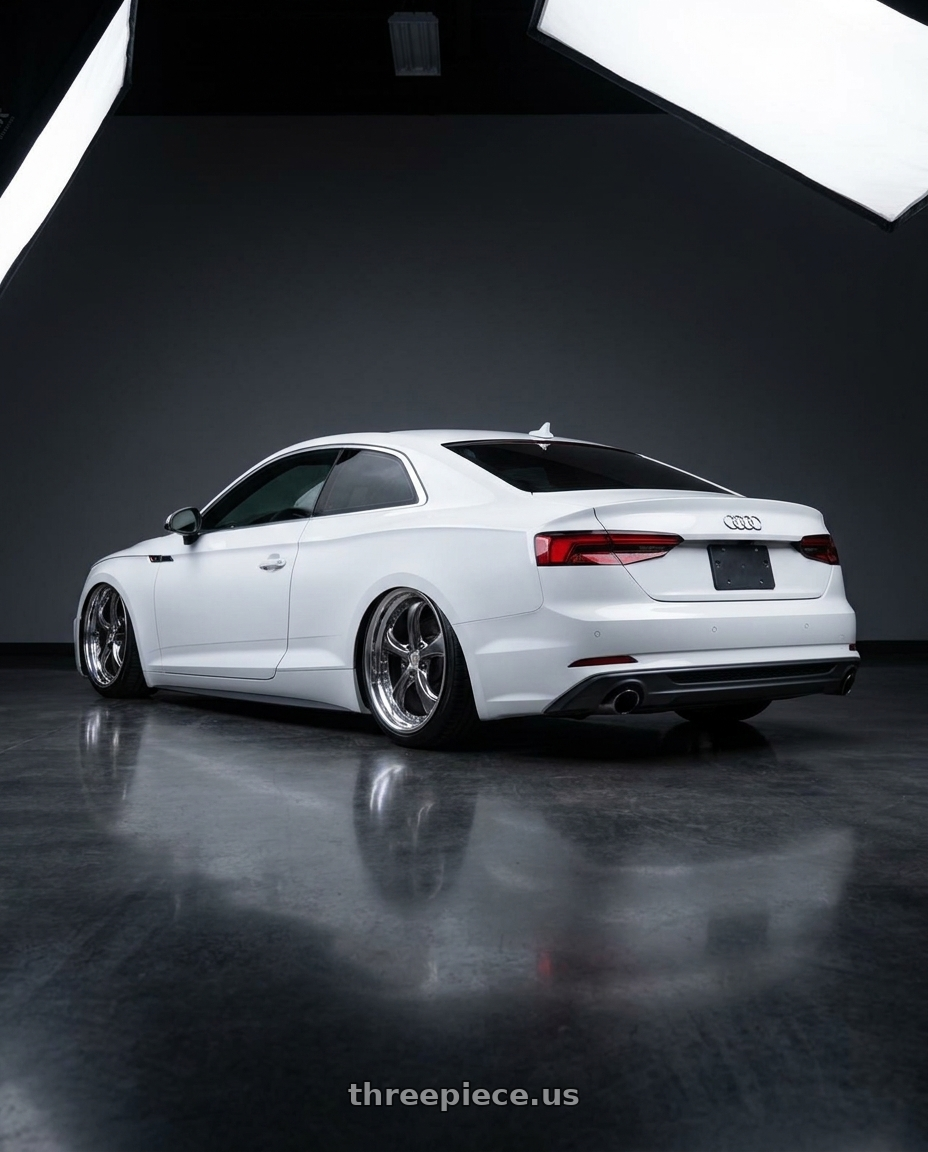 White Audi A5 coupe 2017 F5 with Work Wheels VS-KF 5X114.3 19x9.5+9 Brilliant Silver Black A Disk FULL REVERSE wheels rear three quarter view slight stretch tires
