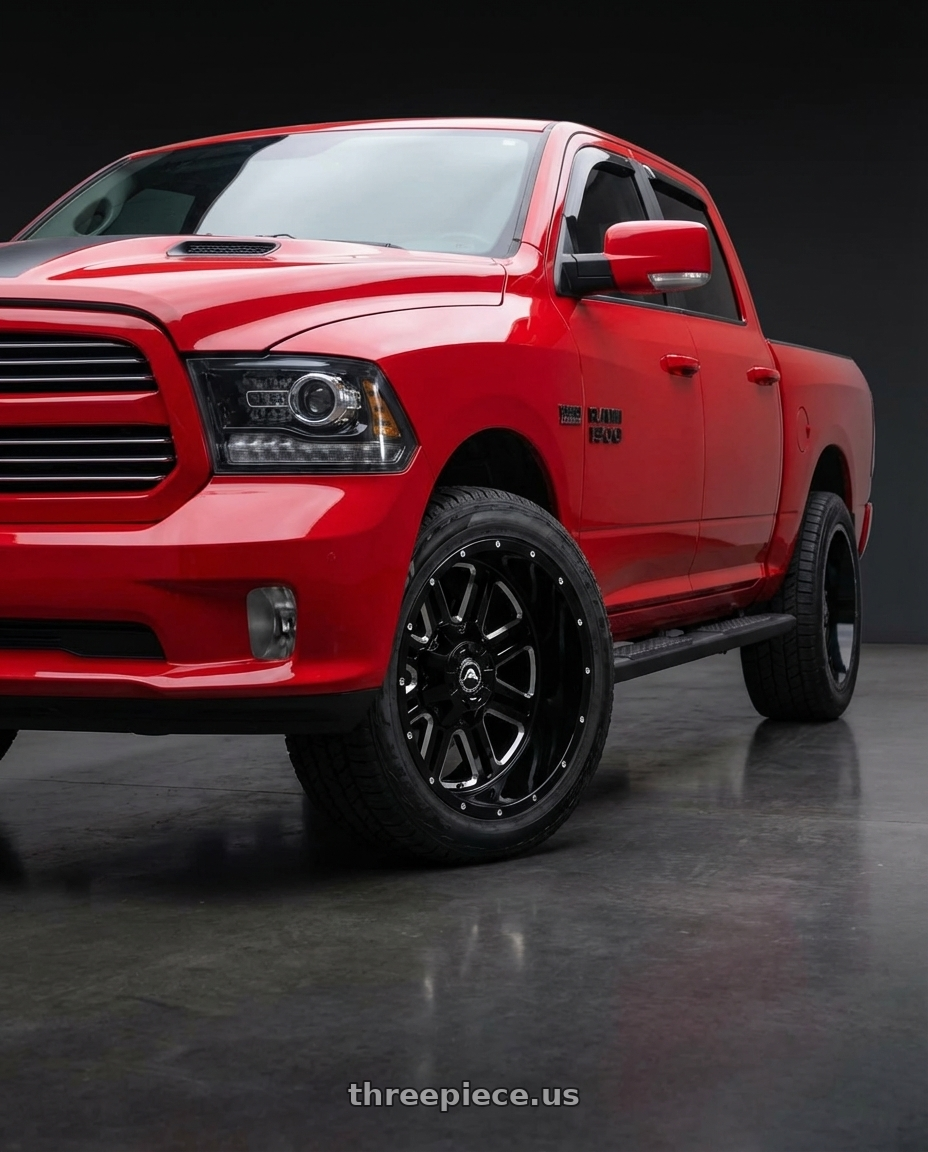 2016 Doge Ram with American Off-Road A106 6x135/6x139.7 22x12 -44 Black Milled Spoke wheels