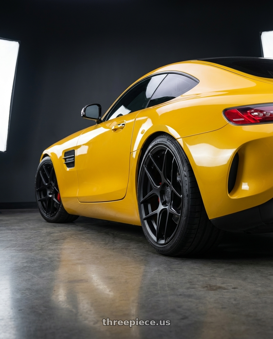 2019 Mercedes-Benz AMG GT with Aodhan AFF2 5x112 19x9.5+35 Matte Black wheels rear three quarter view square tires