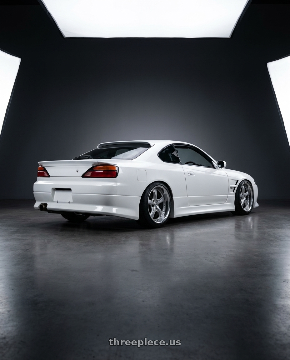1998 Nissan s15 with Work Wheels VS-KF 5x114.3 18x10+20 Light Grey Silver R Disk FULL REVERSE wheels rear three quarter view square tires