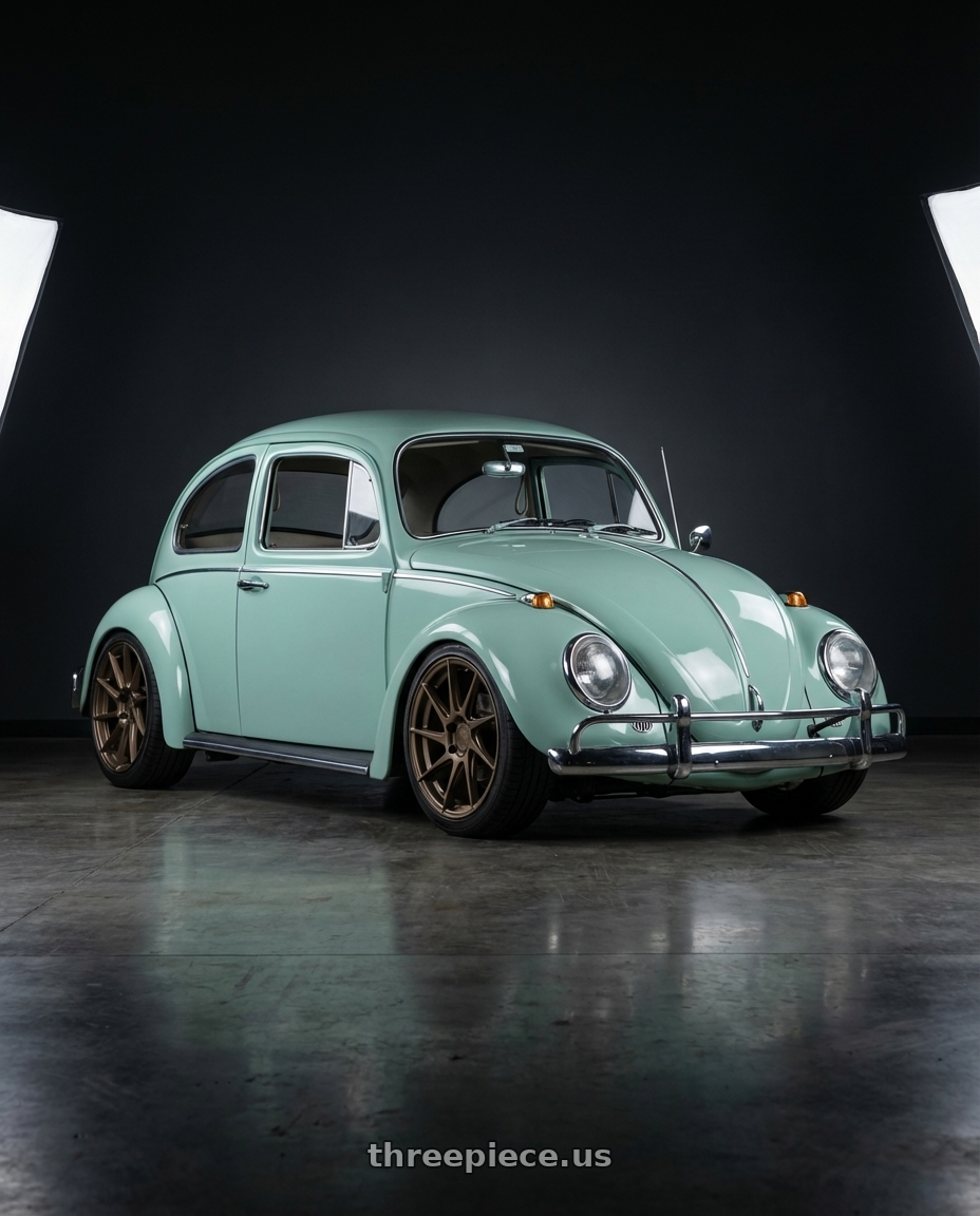 1966 Volkswagen beetle  with Aodhan AH09 5x108 18x8.5 +35 Matte Bronze wheels front three quarter view slammed stance