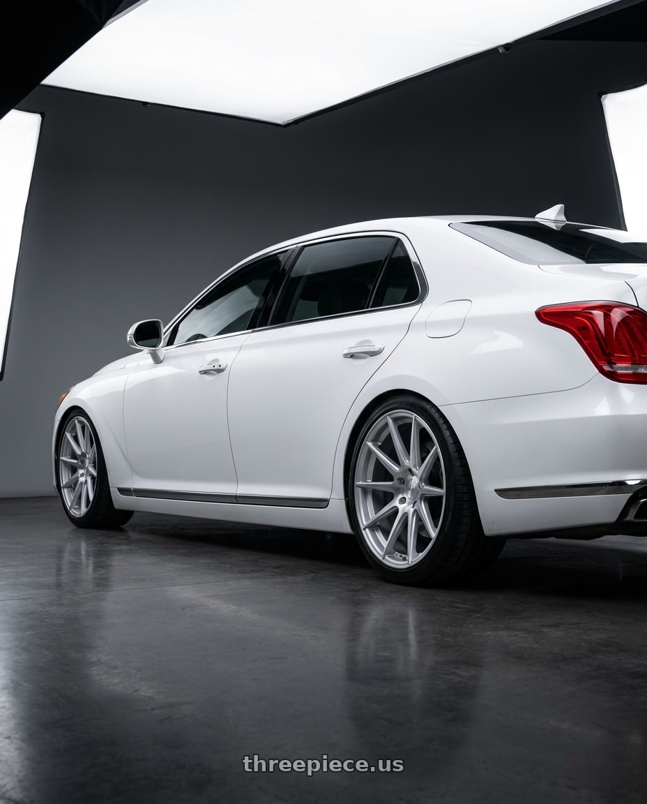 2018 genesis g90 ultimate with XO MILAN 5X114.3 20X8.5 +34 MATTE SILVER W/ BRUSHED FACE wheels rear three quarter view square tires