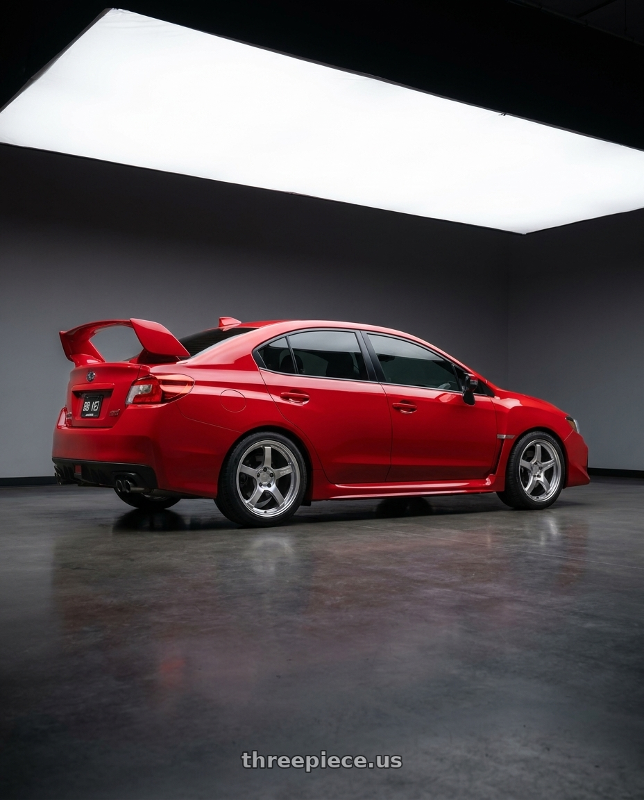 2015 Subaru sti with Gram Lights 57CR 5x114.3 18x9.5+38 Grace Silver wheels rear three quarter view square tires