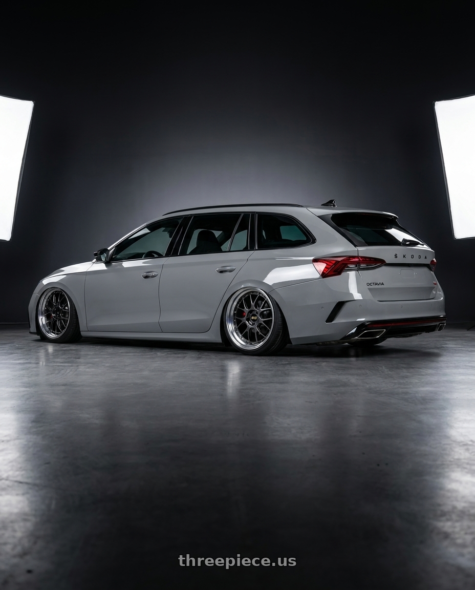 2026 Octavia combi RS  with BBS LM-R 5x120 20x9.0+8 Diamond Black wheels rear three quarter view extreme stretch tires