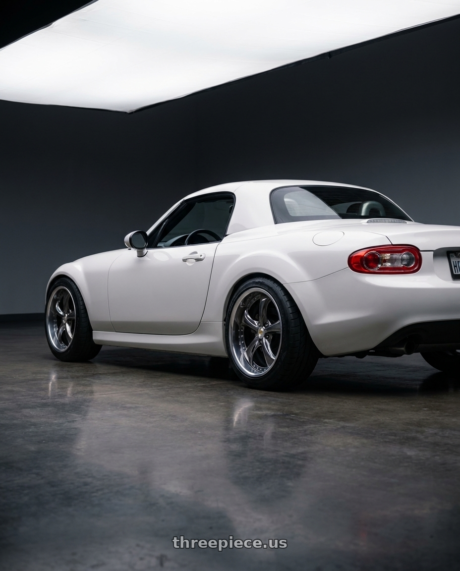 2012 Mazda mx5 with Work Wheels VS-KF 5X114.3 19x8-30 Brilliant Silver Black R Disk FULL REVERSE wheels rear three quarter view meaty tires