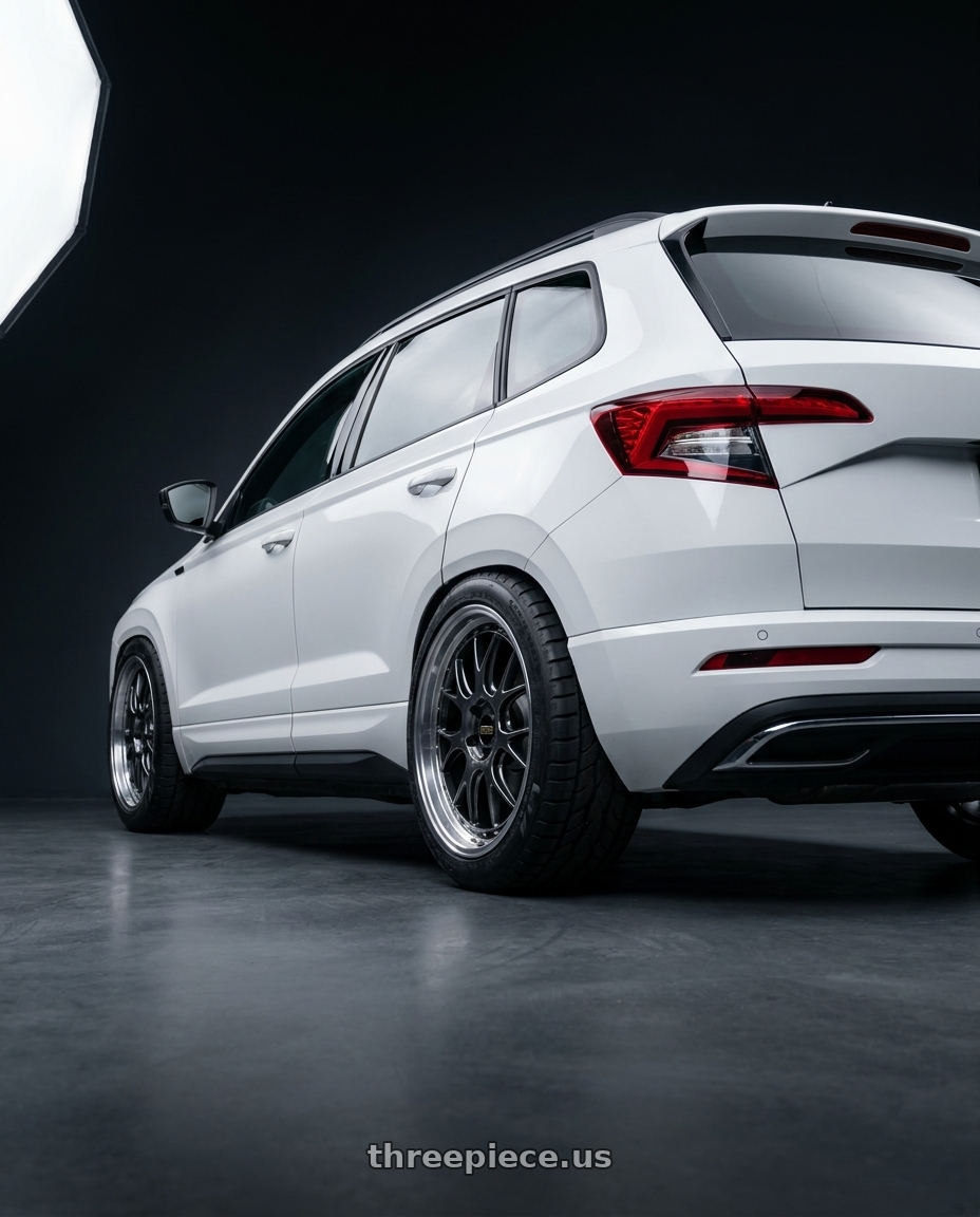2026 SKODA KAROQ Sport  with BBS LM-R 5x112 20x10 +12 Diamond Black Center / Diamond Cut Lip wheels rear three quarter view meaty tires