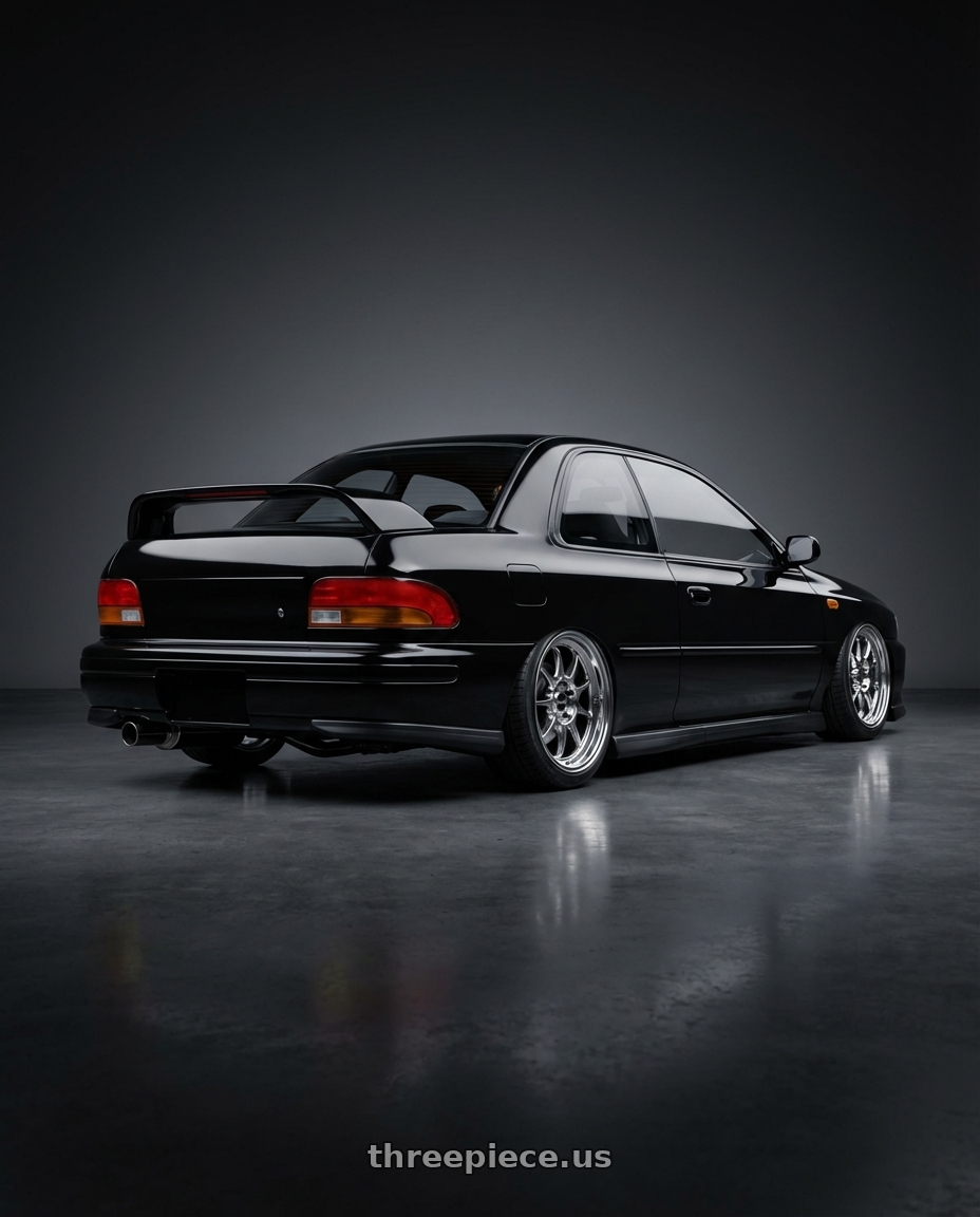 1998 Subaru Impreza GC8 with Konig Countergram 5x100 17x8+40 Hyper Chrome / Machined Lip wheels rear three quarter view slight stretch tires