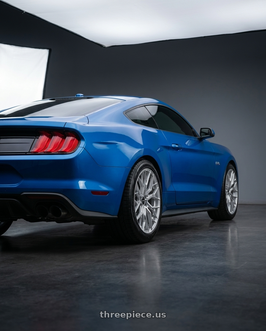 2021 Ford Mustang GT with F1R FS3 5x114 20x9 +35 Machine Silver wheels rear three quarter view meaty tires