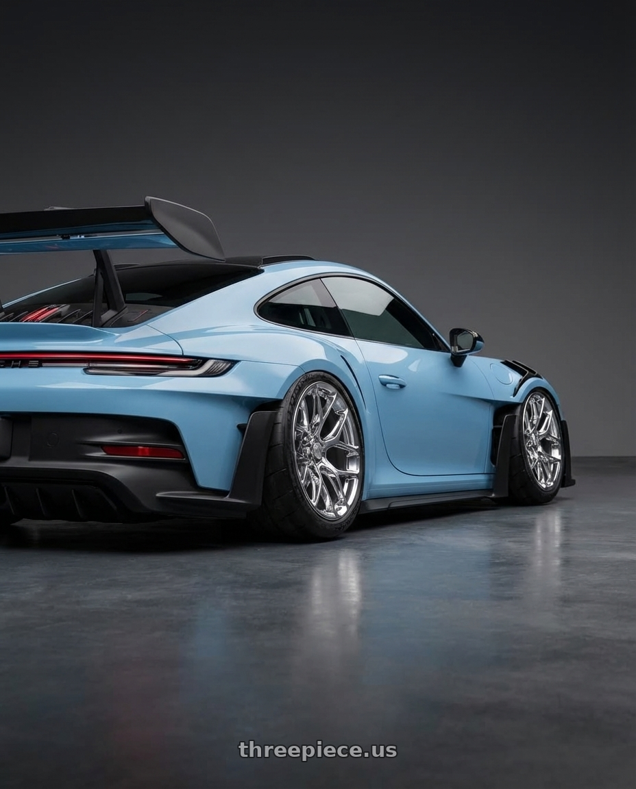 2024 Porsche 911 GT3 RS with OE Performance 176 6x139.7 20x9 +24 Chrome Plated wheels rear three quarter view excessive tires