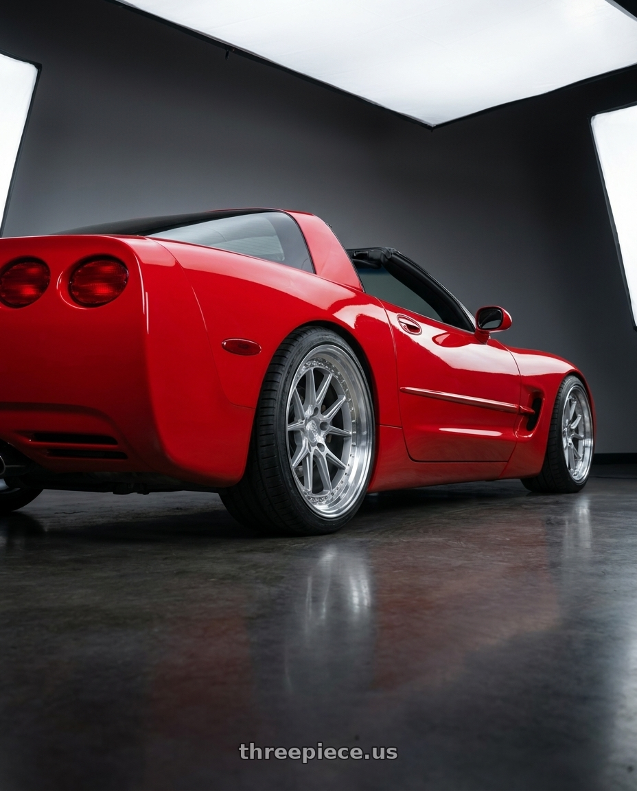2002 chevrolet corvette base t with Aodhan DS08 5x120 19x9.5+35 Silver w/Machined Face wheels rear three quarter view square tires