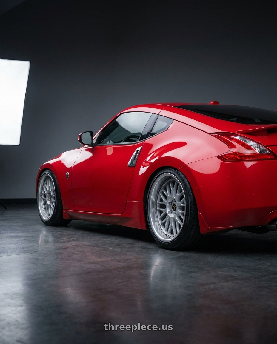 2018 Nissan 370z base with Work Vs-Xx 5x114.3 19x9.5+29 T Disk Light Grey Silver wheels rear three quarter view slight stretch tires