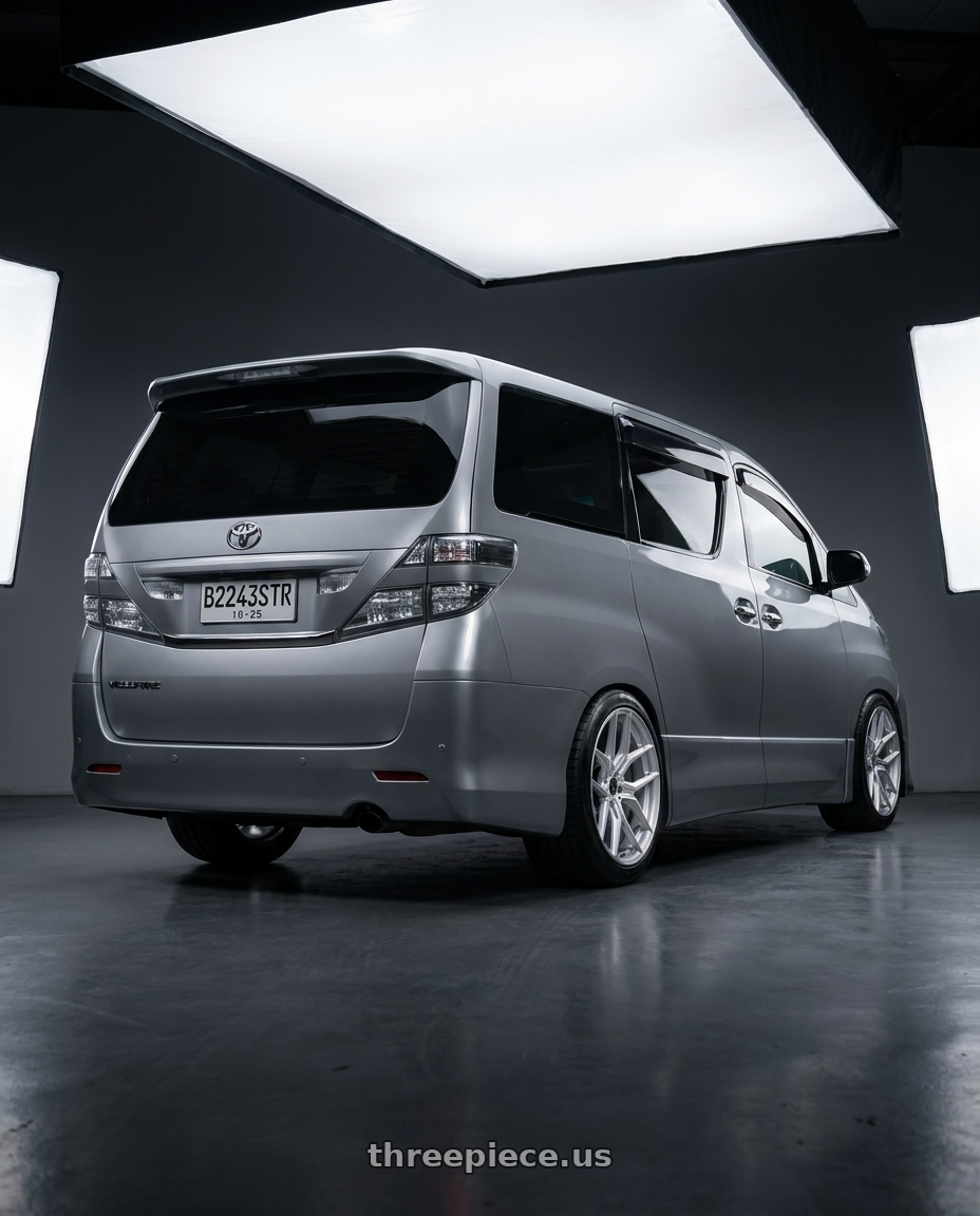 2011 Toyota vellfire with MV Forged MVF5 blank 20x10 BLANK Diamond Silver wheels rear three quarter view meaty tires