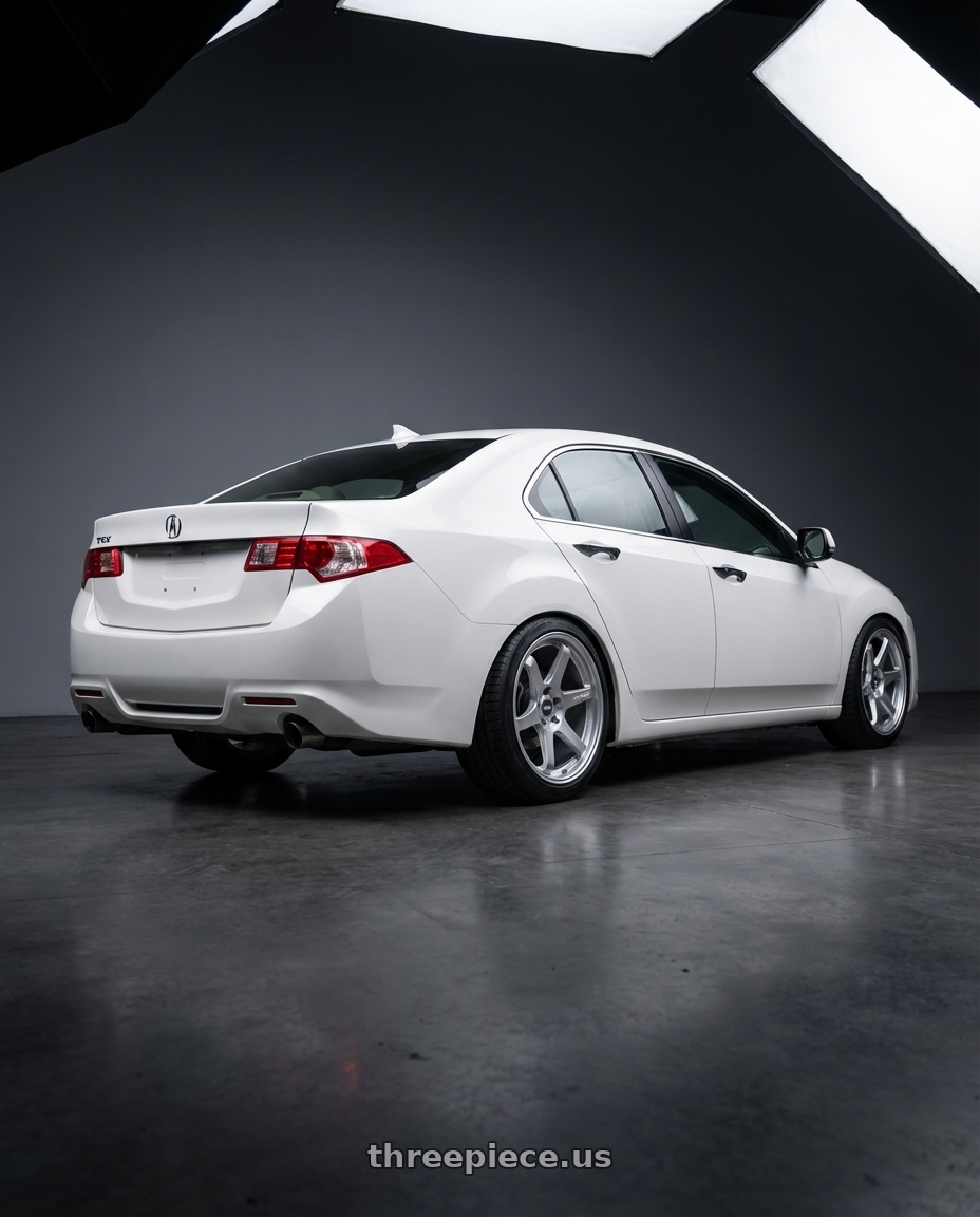 2013 Acura TSX with ESR Wheels APEX SERIES AP6 5x114.3 18x8.5 +30 Hyper Silver wheels rear three quarter view square tires