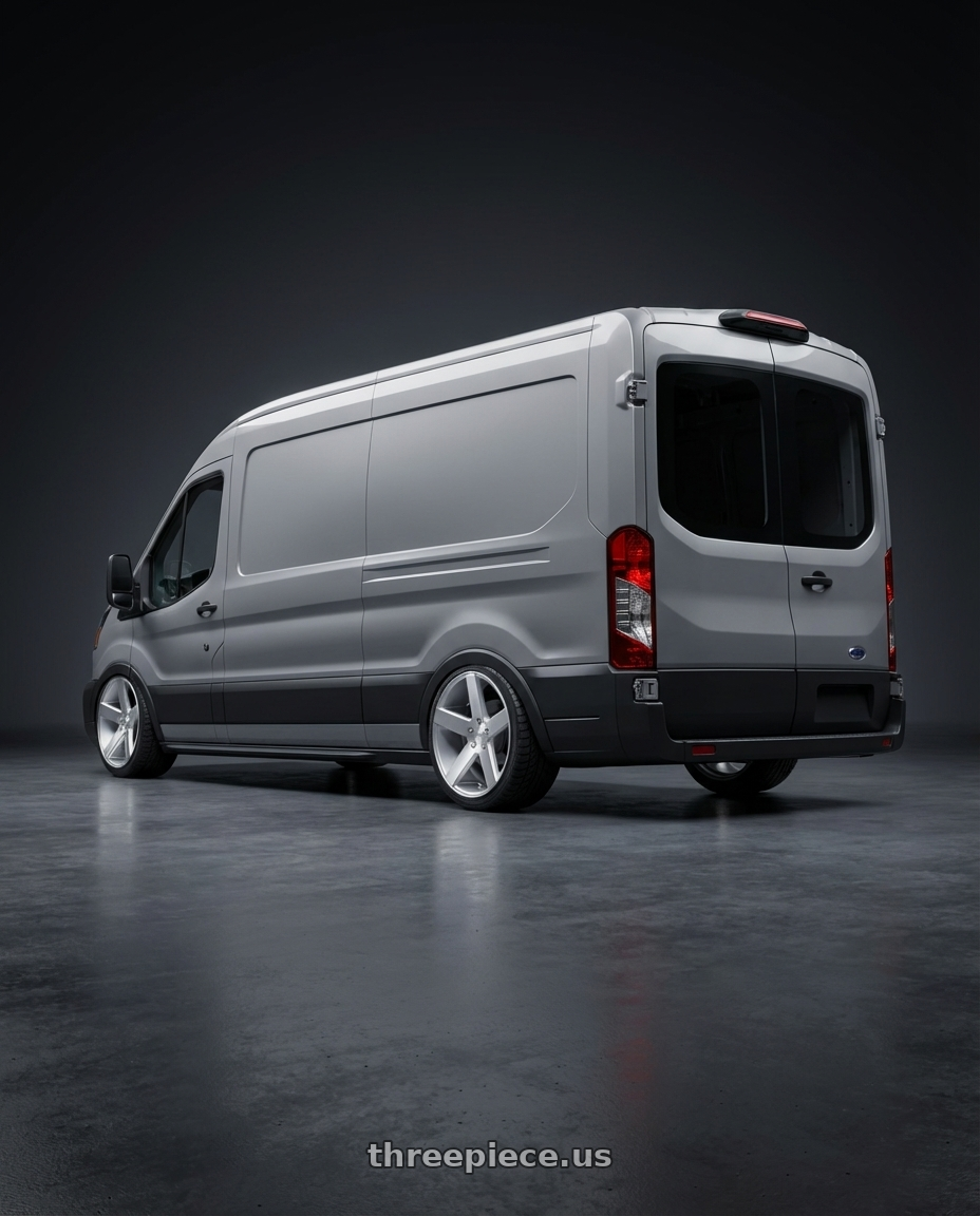 2023 Ford Transit with DUB 1PC S218 BALLER 6X139.7 22X9.5 +31 GLOSS SILVER BRUSHED wheels rear three quarter view slight stretch tires