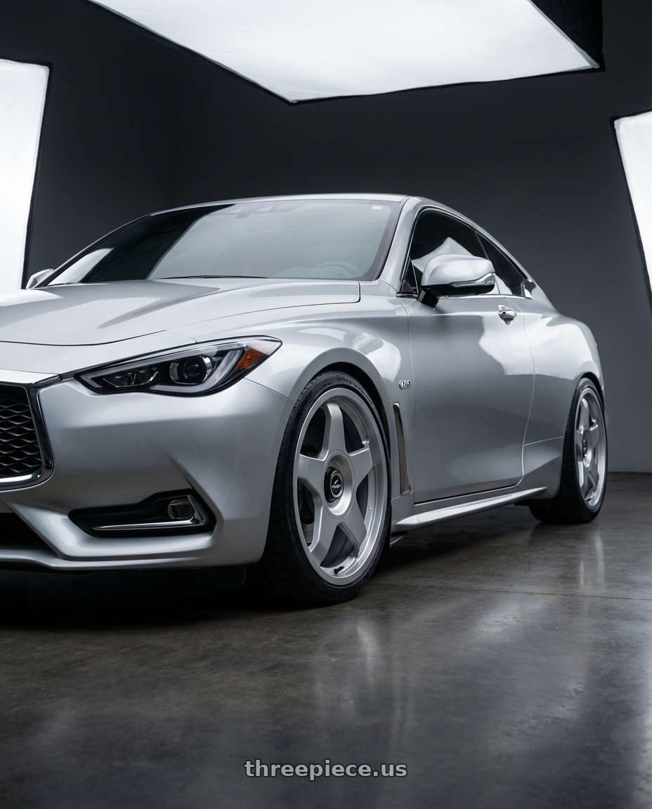 2020 Infiniti Q60 with fifteen52 CHICANE 5x114.3 / 5x120 19x8.5 +35 SPEED SILVER (GLOSS SILVER) wheels front three quarter view lowered stance